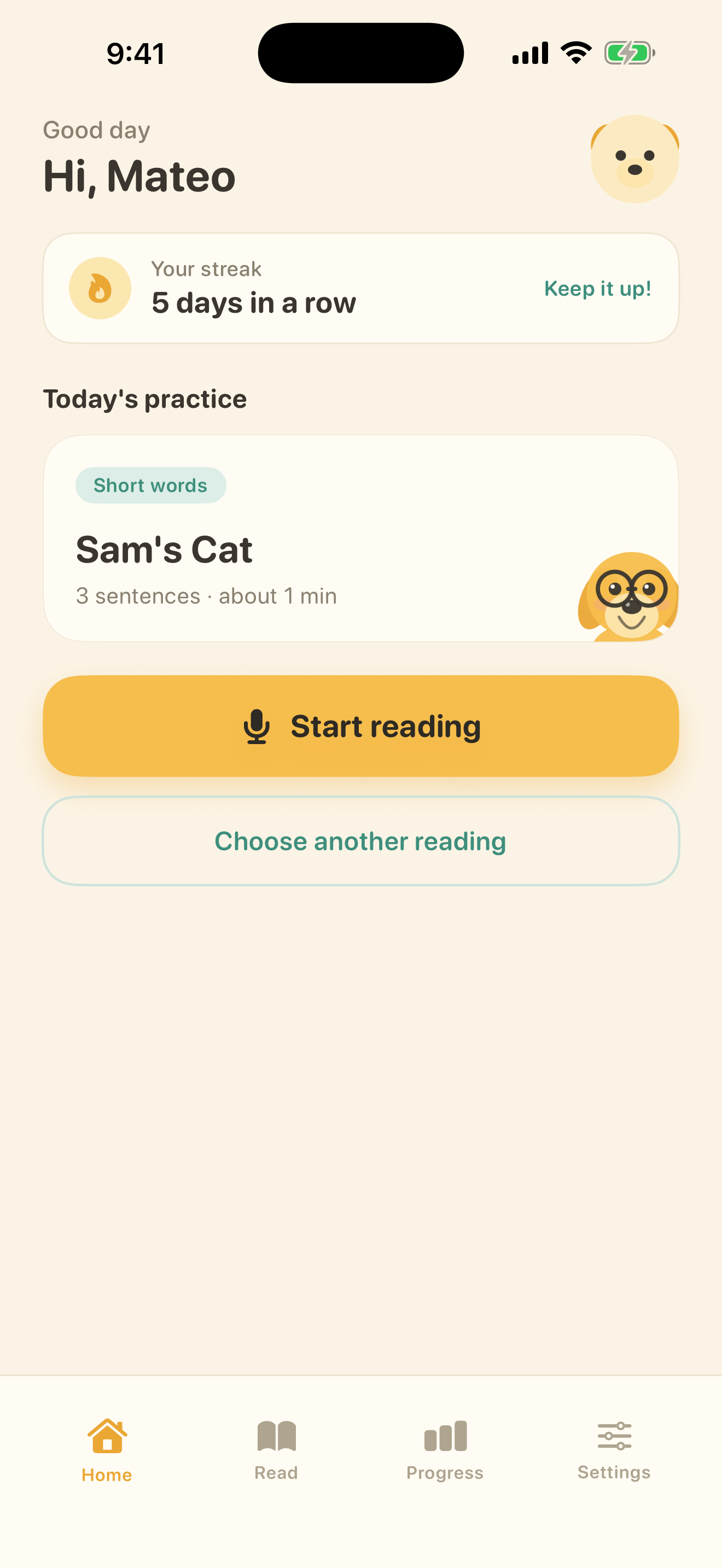 Dante home screen: a 5-day reading streak and today's practice, the short-words story Sam's Cat
