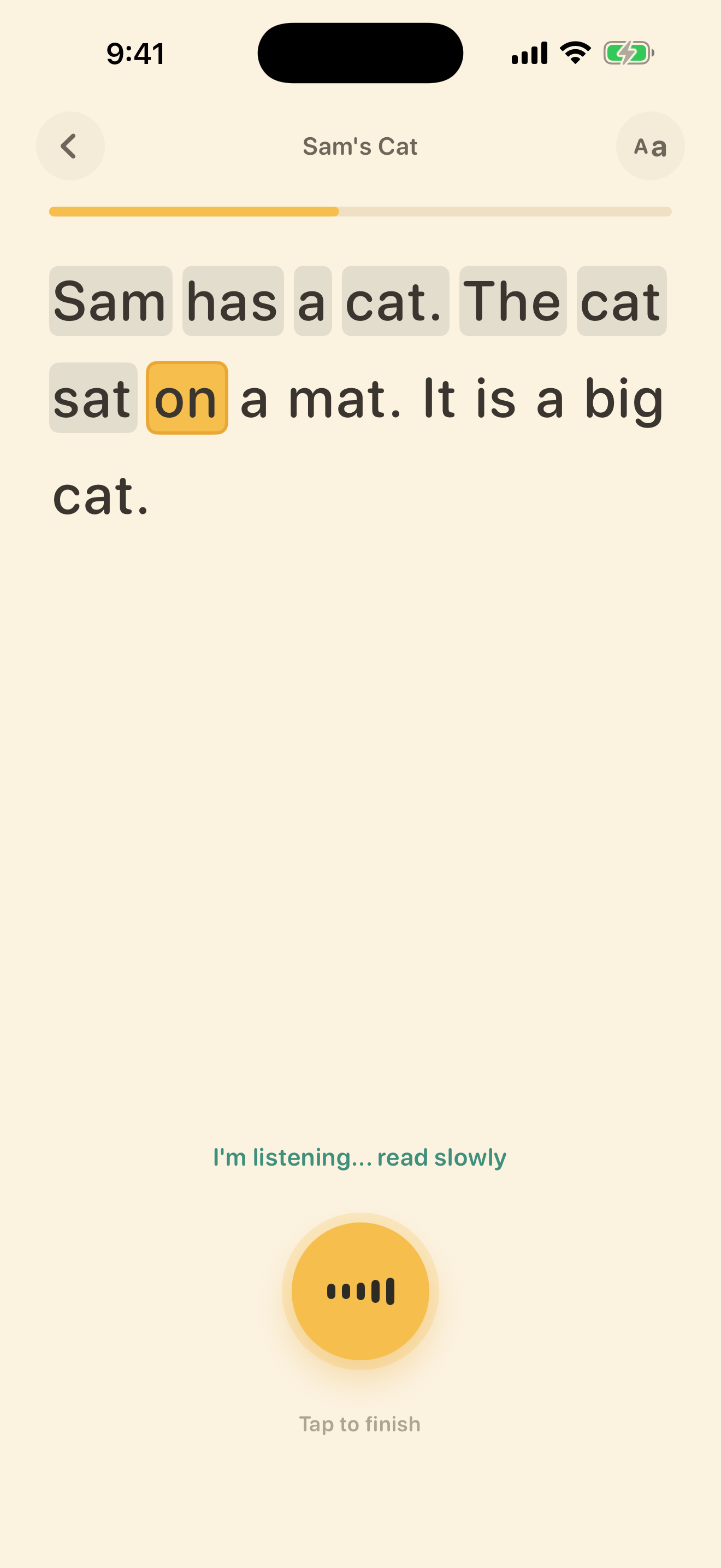 Dante reading screen: the read-along cursor on the word Sam has a cat, with the prompt I'm listening... read slowly