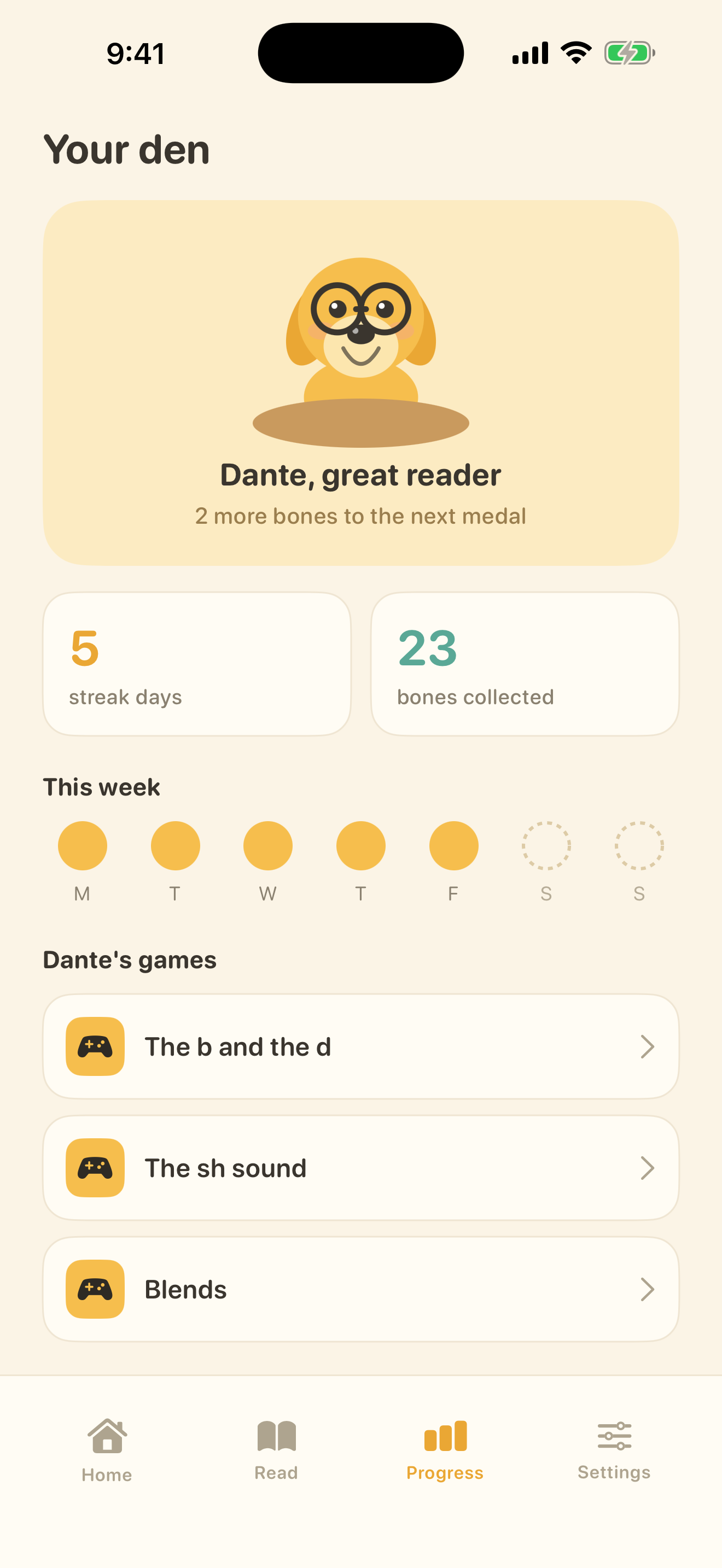 Dante progress den: 5 streak days, 23 bones collected, the week at a glance and the sound games